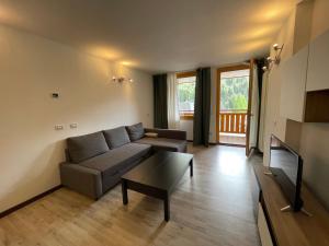 ein Wohnzimmer mit einem Sofa und einem Couchtisch in der Unterkunft Residence Regina delle Alpi in Santa Caterina Valfurva