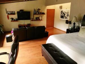 a bedroom with a bed and a couch and a television at Nice home with gardens and trees, 3 full bedrooms, living and kitchen in León