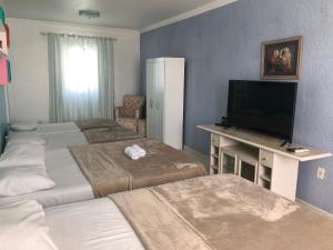 a hotel room with two beds and a flat screen tv at Hotel Pousada Irmaos Freyhardt in Rio de Janeiro
