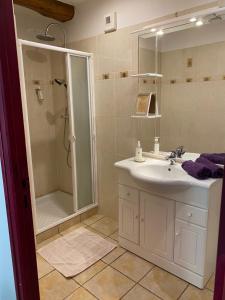 une salle de bain avec une douche et un lavabo et une douche dans l'établissement LE GOLURET Chambres & Table d'hôtes - Espace Bien Être, à Couvignon