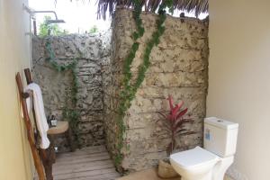 a bathroom with a stone wall and a toilet at Kusini beach bungalows in Kizimkazi