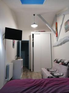 a bedroom with a bed and a flat screen tv at Appartement a la campagne in Grièges