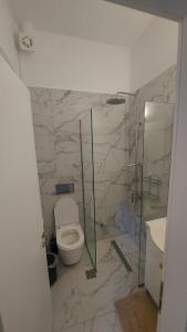 La salle de bains est pourvue de toilettes et d'un lavabo. dans l'établissement Villa Edna Crete, à Agios Nikolaos