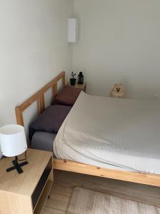 1 dormitorio con 1 cama y 1 animal de peluche en una mesa en Charmant appartement avec SPA, en Fontenay-le-Comte