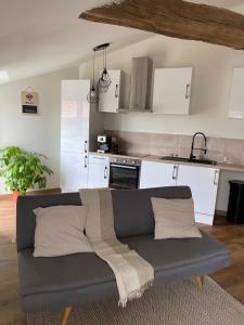 sala de estar con sofá y cocina en Charmant appartement avec SPA, en Fontenay-le-Comte