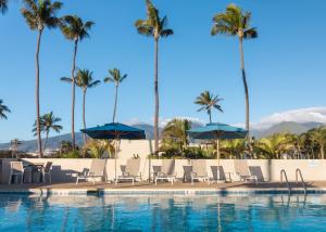 a swimming pool with chairs and palm trees at Maui Beach Hotel in Kahului