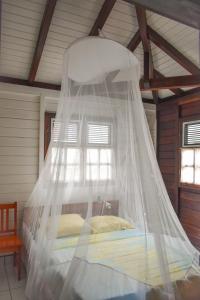 a bed with a mosquito net in a room at Gîtes du Domaine de la Canne à Sucre in Anse-Bertrand
