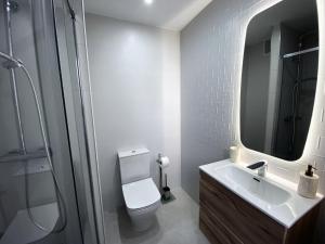 a bathroom with a toilet and a sink and a mirror at Plaza Mayor Salamanca in Salamanca +30 photos