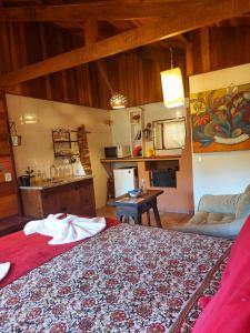 a bedroom with a large bed with a red rug at Pousada Anecuém in Monte Verde