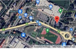 a map of a freeway with a red dot at Panorama apartment near Szeged Plaza in Szeged