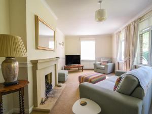 a living room with a couch and a fireplace at Penylan in Seaton
