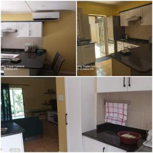 three different views of a kitchen with white cabinets at Mia Haven 1 in Scottburgh
