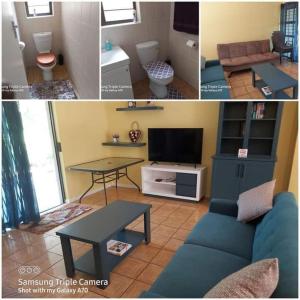 two pictures of a living room with a couch and a table at Mia Haven 1 in Scottburgh