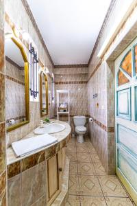 ein Bad mit einem Waschbecken, einem WC und einem Fenster in der Unterkunft Villa Osiris in Flic-en-Flac