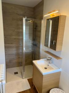 een badkamer met een douche en een wastafel bij Le Manoir des Lys in Tilly-sur-Seulles