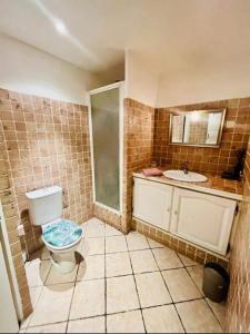 La salle de bains est pourvue de toilettes et d'un lavabo. dans l'établissement Au cœur de Cannes, à l’angle de la rue d’Antibes, à Cannes