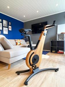 a room with a exercise bike in front of a couch at Modern & Cozy Apartments Close To Nature, West Lofoten in Sørvågen