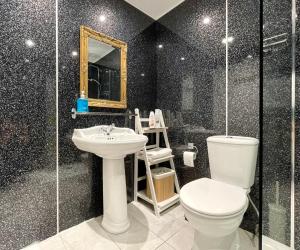 a bathroom with a toilet and a sink and a shower at South Bridge Apartment in Edinburgh