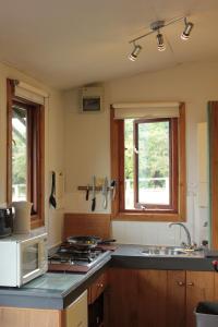 uma cozinha com um lavatório e um fogão forno superior em Couples Camping Cabin em Ashbourne