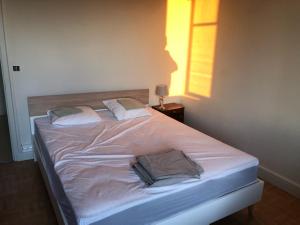 Polignac的住宿－CHEZ GRAND MAMIE，一间卧室配有带白色床单和枕头的床。
