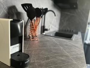 Kuchyňa alebo kuchynka v ubytovaní Capsule Art Déco - Jacuzzi - Netflix - Home Cinéma - Arcade de jeux & Nintendo switch - 2 chambres - Filet suspendu