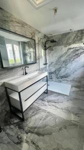 La salle de bains est pourvue d'un lavabo et d'un mur en marbre. dans l'établissement Capsule Art Déco - Jacuzzi - Netflix - Home Cinéma - Arcade de jeux & Nintendo switch - 2 chambres - Filet suspendu, à Valenciennes