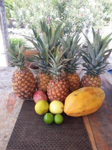 ein Stapel Ananas und andere Früchte auf einem Tisch in der Unterkunft Rancho Tranquillo in Moyogalpa