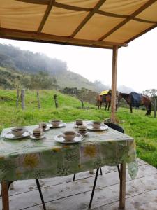 una mesa con tazones y platos con caballos en un campo en BIRDGLAMPING LOS ÁRBOLES-Estación Biológica LA GUAYANA, en Salento