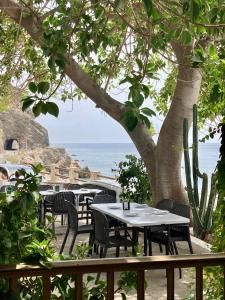 a table and chairs under a tree next to the ocean at Casa Amigos Sorvilan- La Palmera in Sorvilán