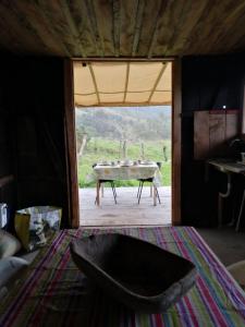 Habitación con mesa y ventana grande. en BIRDGLAMPING LOS ÁRBOLES-Estación Biológica LA GUAYANA, en Salento