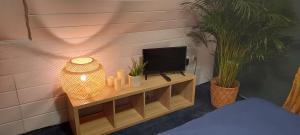 a room with a tv and a table with plants at Restaurant Haus Hamburg in Leer