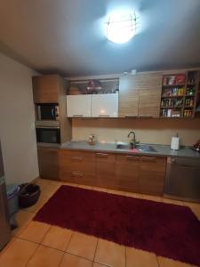 a kitchen with wooden cabinets and a red rug at Samra in Sarajevo