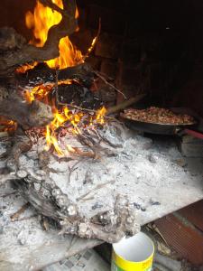 una griglia con due pizze e un fuoco di Bed & Diner Les Terrasses de La Palme a Lapalme