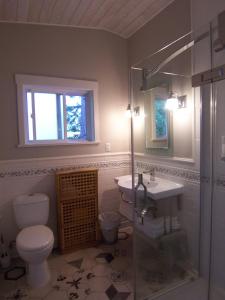 een badkamer met een toilet en een wastafel bij Malaspina Strait Cottage in Powell River