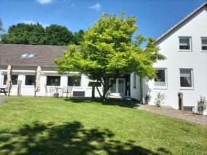 a white house with a tree in the yard at Gästehaus Falkenhof in Westensee