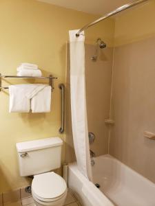 a bathroom with a white toilet and a shower at Quality Inn & Suites in Vancouver