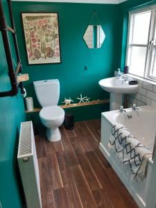 a green bathroom with a toilet and a sink at The Burnside Apartment in Fettercairn