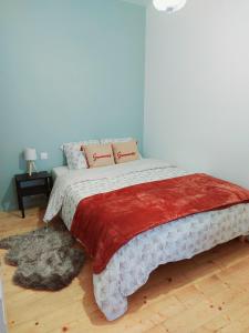 een slaapkamer met een groot bed met een rode en witte deken bij Appart confort#1, centre-ville, Gare à pieds proche commodités calme in Maubeuge