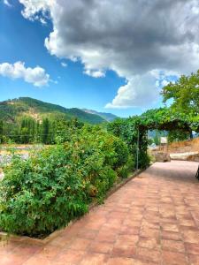 a garden with a brick walkway with a view of mountains at Casa Arroyo de la Celada in Riópar