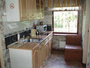 a small kitchen with a sink and a window at viesu māja "Osmany" in Dvarči
