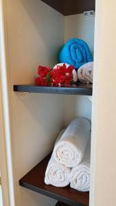 a shelf with towels and flowers in a bathroom at Studio Charme Créole Accès Plage in Sainte-Luce