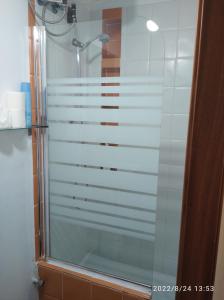- un rideau de douche en verre dans la salle de bains dans l'établissement Vivienda Turística Templo Romano, à Cordoue