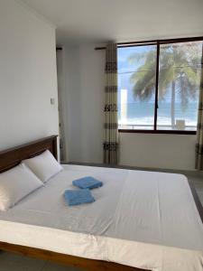 Schlafzimmer mit einem Bett und Meerblick in der Unterkunft Oasis Beach Villa in Kalutara