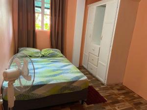 a bedroom with a bed with a fan and a window at Dangleben’s Apartment in Pointe Michel