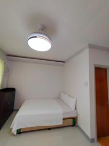パングラオにある29 Palm's Panglao Suitesのベッド1台と照明付きの小さな客室です。