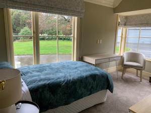 ein Schlafzimmer mit einem Bett und einem großen Fenster in der Unterkunft Pin Oaks Luxury Bed & Breakfast in Palmerston North