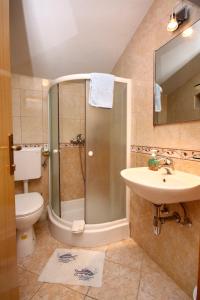 a bathroom with a shower and a sink and a toilet at Apartments and rooms by the sea Slano, Dubrovnik - 2687 in Slano