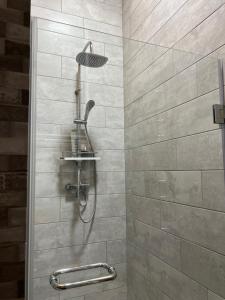 y baño con ducha con cabezal de ducha. en Rodynne Gnizdo en Pochayiv