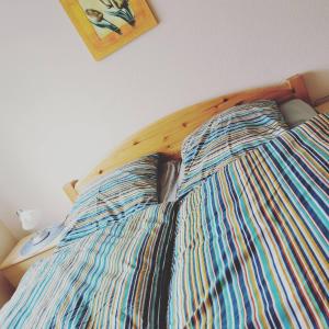 ein Schlafzimmer mit einem Bett mit einem hölzernen Kopfteil in der Unterkunft Ferienhof Stobbe Fewo Heuboden in Grube