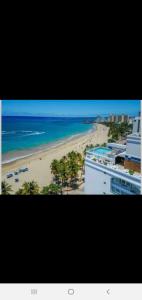 uma vista para uma praia com palmeiras e para o oceano em Sea breeze vacation lll en Condominio Verde mar em San Juan